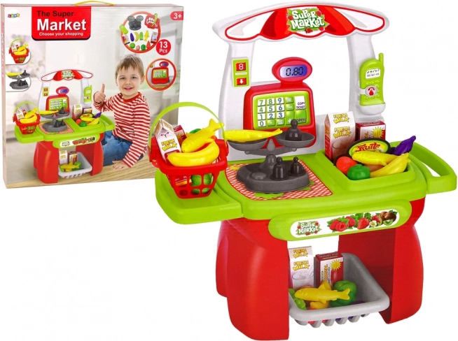 Kids’ Supermarket – shopping basket, cash register, scale and groceries (13-piece set)
