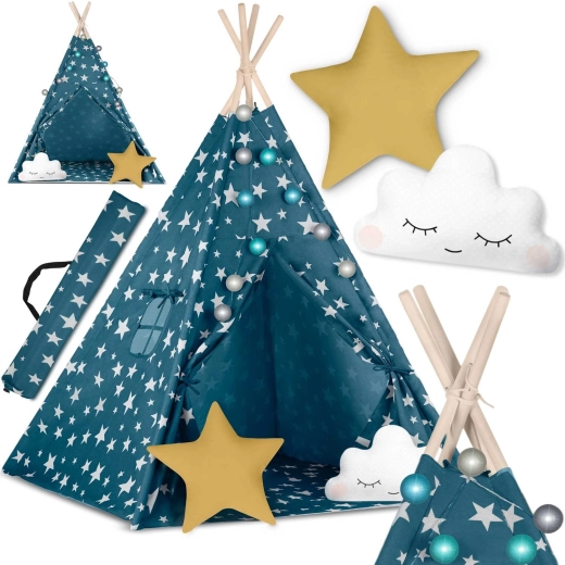 Tipi pour enfants avec guirlande lumineuse Nukido – bleu