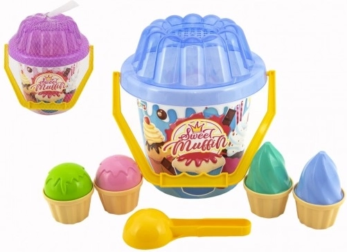 Plastic Sand Play Set Sweet Muffin with Bucket, Shovel and Ice Cream Moulds
