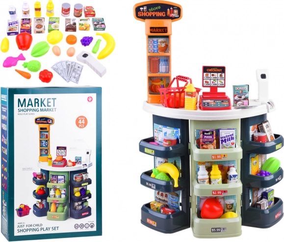 Kids' supermarket with cash register and accessories, 44 pieces