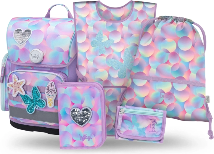 Baagl school set 5 pcs Ergo Candy – satchel, pencil case, drawstring bag, apron and neck wallet