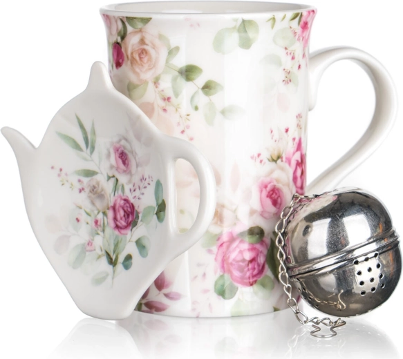 Theeset met rozen 340 ml – keramische mok, roestvrijstalen zeef en schaaltje