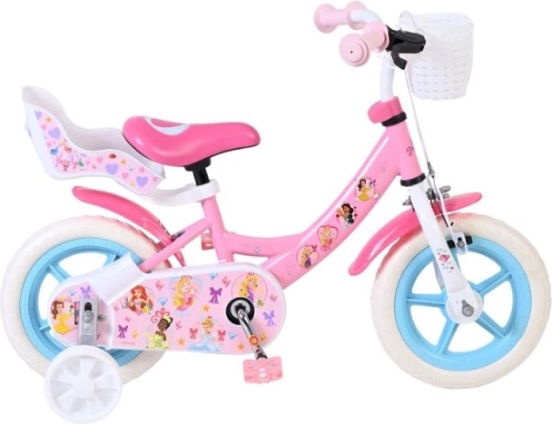 Vélo enfant 12" Disney Princess avec roulettes amovibles, panier et siège pour poupée