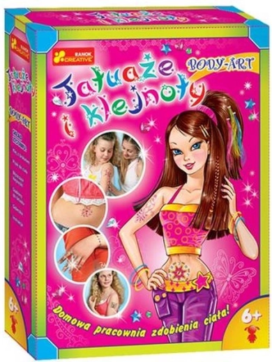 Creative body art set: tattoos and glitter gems