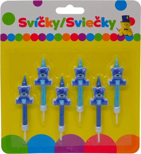 Bougies d’anniversaire avec ourson bleu et porte-bougie, 6 pcs