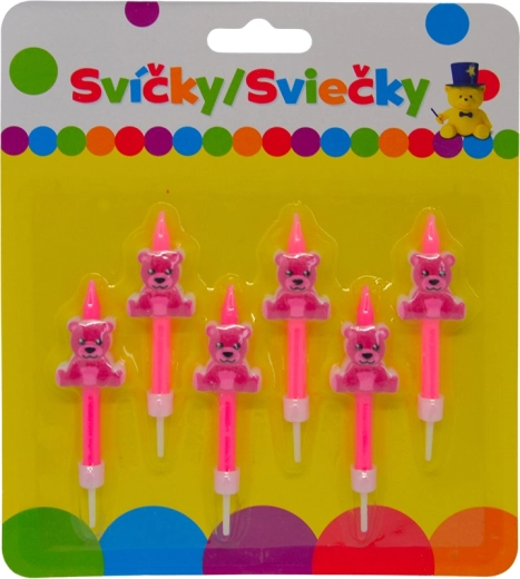 Bougies d’anniversaire avec ourson rose sur support, lot de 6