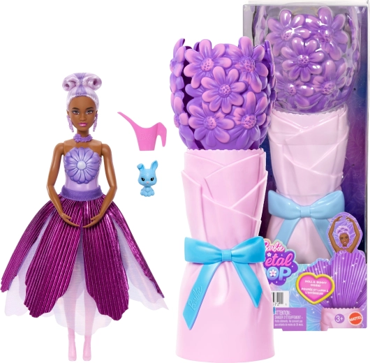 barbie petal pop surprise floral pâquerette violette + accessoires