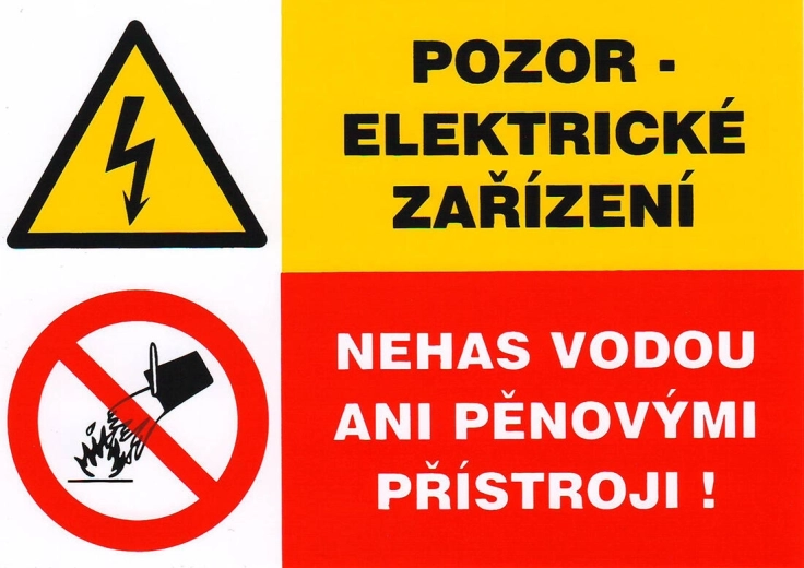 Self-adhesive safety sign – Caution electrical equipment, do not extinguish with water or foam extinguishers (105 × 74 mm)