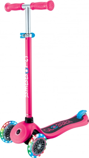 Globber Primo Lights V2 three-wheel scooter, fuchsia pink, with light-up wheels