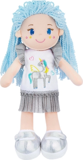 Poupée en tissu avec cheveux bleus et licorne