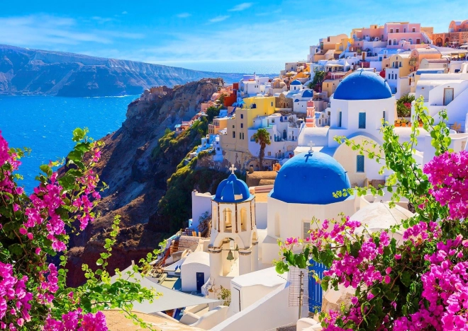 Puzzle Santorini avec des fleurs, Grèce 1000 pièces