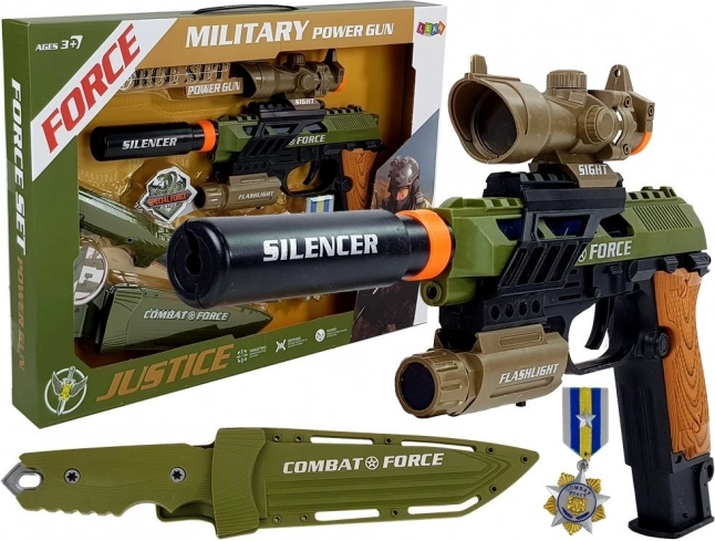 Military toy set with pistol, knife and medal with lights and sounds
