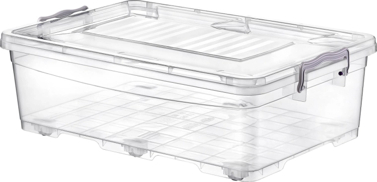 Storage box with lid and wheels 30 l transparent