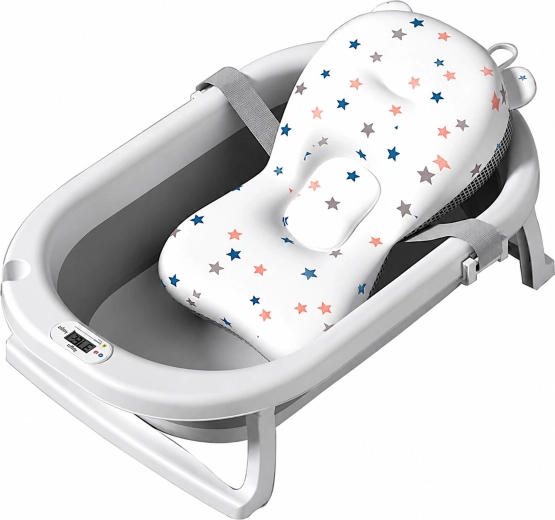 Foldable baby bathtub with LCD thermometer and bathing pad
