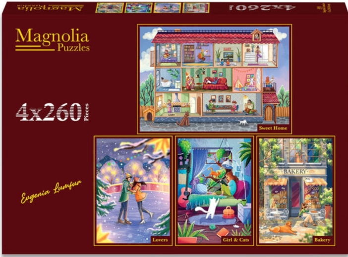 Magnolia puzzelset Zoet thuis, verliefd stel, meisje met kinderwagens en geurige bakkerij 4×260 stukjes