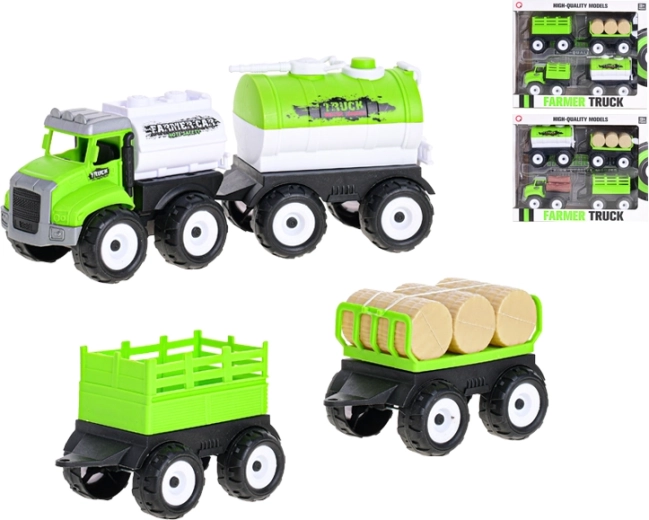 Set van een boerderijauto met vliegwiel met drie aanhangers