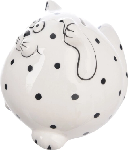 Ceramic cat piggy bank with polka dots, white