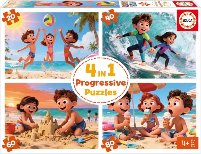 Puzzle pour enfants EDUCA Plage 4 en 1 – assemblage progressif (20–80 pièces)
