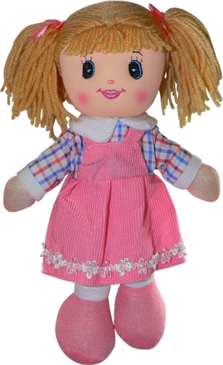 Cloth doll 30 cm in dark pink dress with blue sleeves