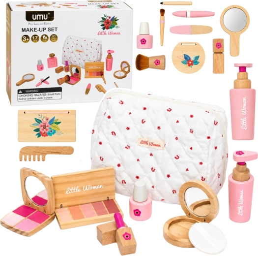 Set de maquillage en bois pour enfants avec trousse cosmétique blanche, 17 pièces