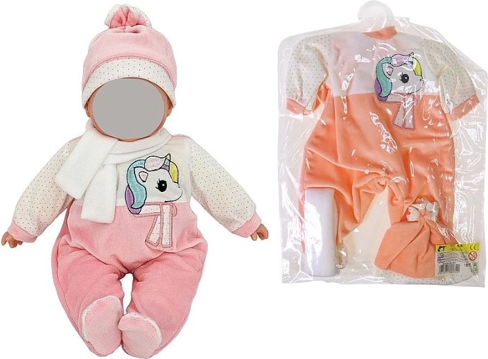 Doll Outfit for 45 cm Doll – Pink Unicorn Onesie, Hat and Scarf