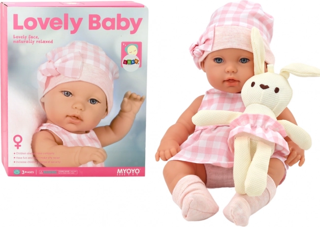 Baby Doll with Carrier in Pink Checkered Clothing