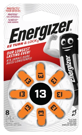 Energizer Knopfzellen für Hörgeräte 13, 1,4 V, Packung mit 8 Stk.