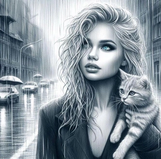 Diamantschilderen Blauwogige vrouw met kat 30 × 40 cm