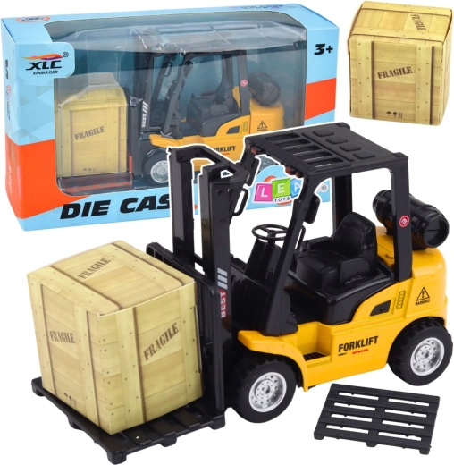 Metalen vorkheftruck met pull-back aandrijving, pallet en kist – geel