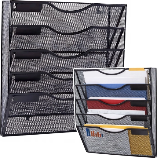 Organiseur mural en métal pour documents A4, 5 compartiments, noir