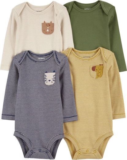 Baby long-sleeve bodysuits Navy/Olive Animal, 4 pcs, NB/56