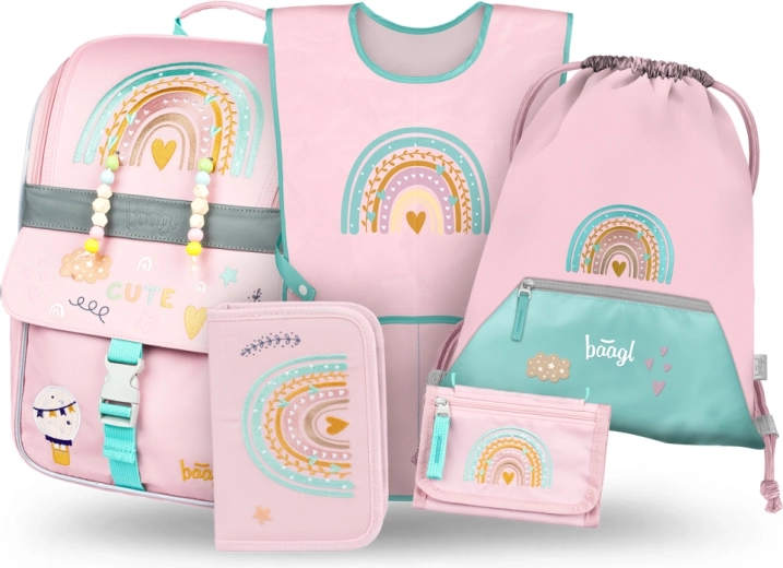 Baagl school set 5 in 1 Zippy Rainbow pink – satchel, pencil case, gym sack, apron and wallet