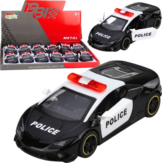 Voiture de sport de police en métal avec mécanisme à remontoir pull-back 1:43