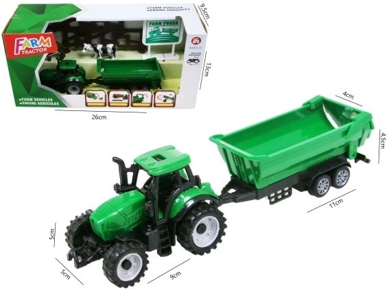 Tracteur vert avec remorque et accessoires
