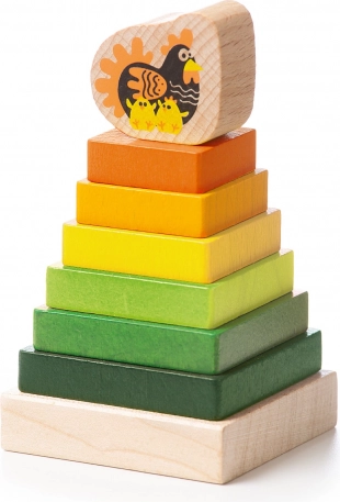 Pyramide colorée en bois avec petite poule CUBIKA – 8 pièces
