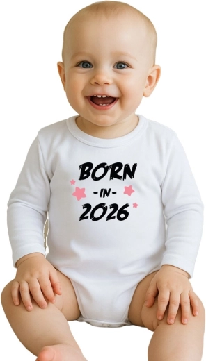 Babykatoenen romper met print New Baby Born in 2026, roze, lange mouw