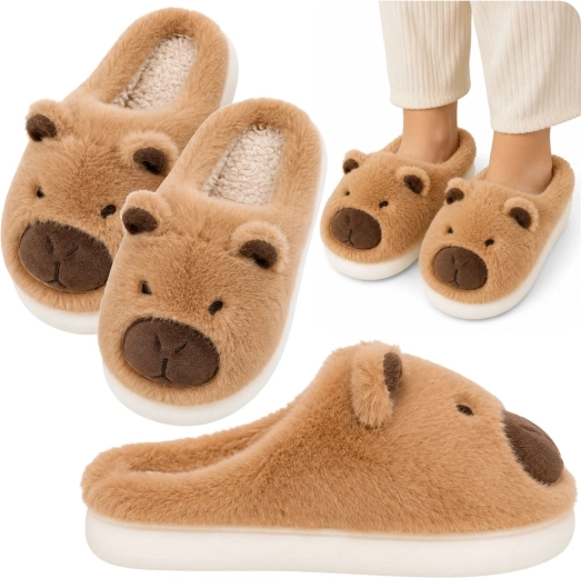 Pluchen pantoffels voor thuis capibara met oortjes, beige (maat 34–35)