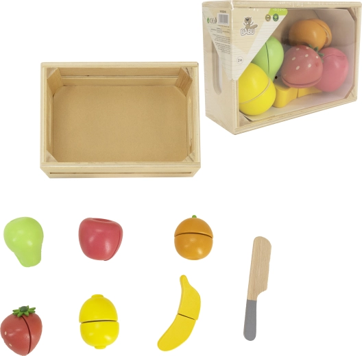 Babu fruits en bois à découper dans une caisse