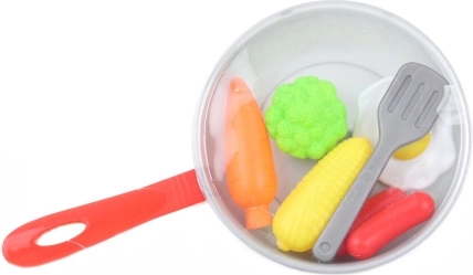 Plastic koekenpan met voedsel en accessoires voor kinderen