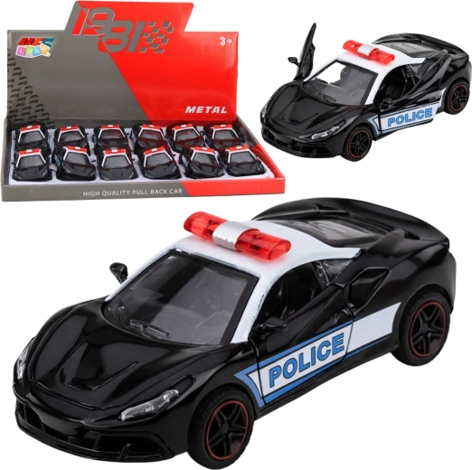Voiture de sport de police en métal 1:43 avec mécanisme pull-back, noire et blanche, portes ouvrantes