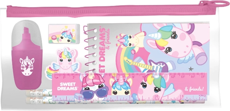Writing set in a transparent case with a unicorn motif