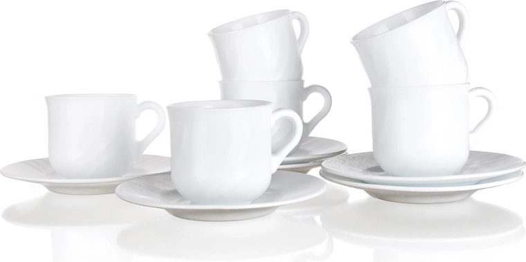 EBRO Cup and Saucer Set 250 ml in White Glass, 6 Pieces