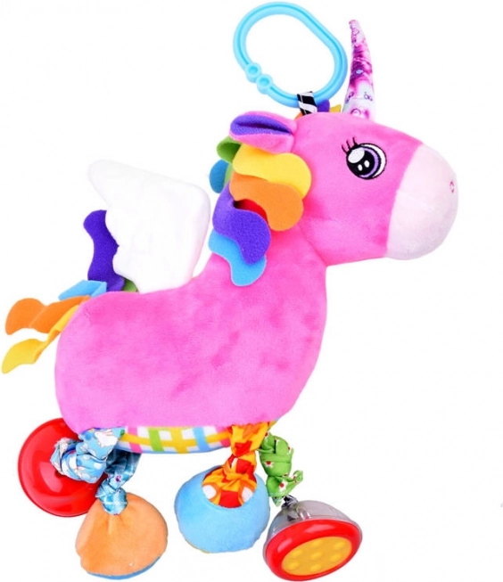 Hanging plush unicorn toy with rattle for stroller