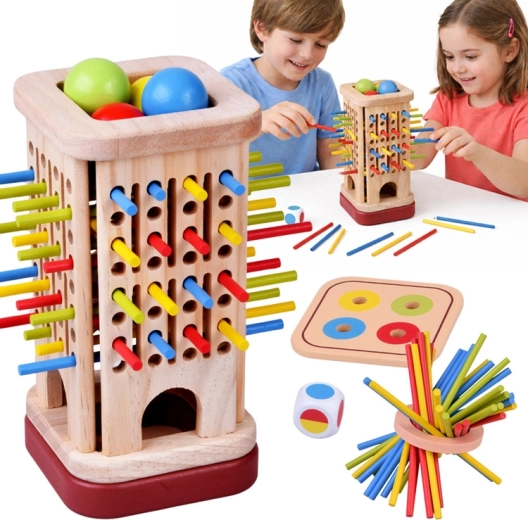 Jeu d’adresse en bois avec bâtonnets colorés et billes