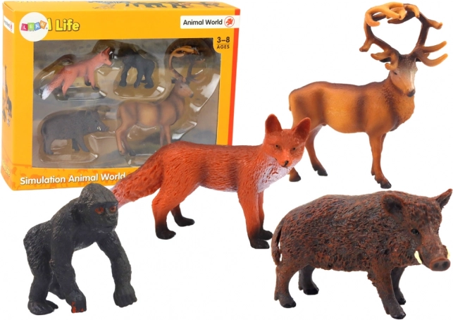 Set van bosdierenfiguren Hert, Everzwijn, Vos, Gorilla
