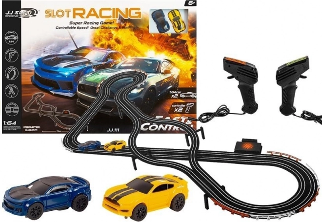 Circuit de slot racing 1:64 avec 2 voitures et contrôleurs, longueur 530 cm