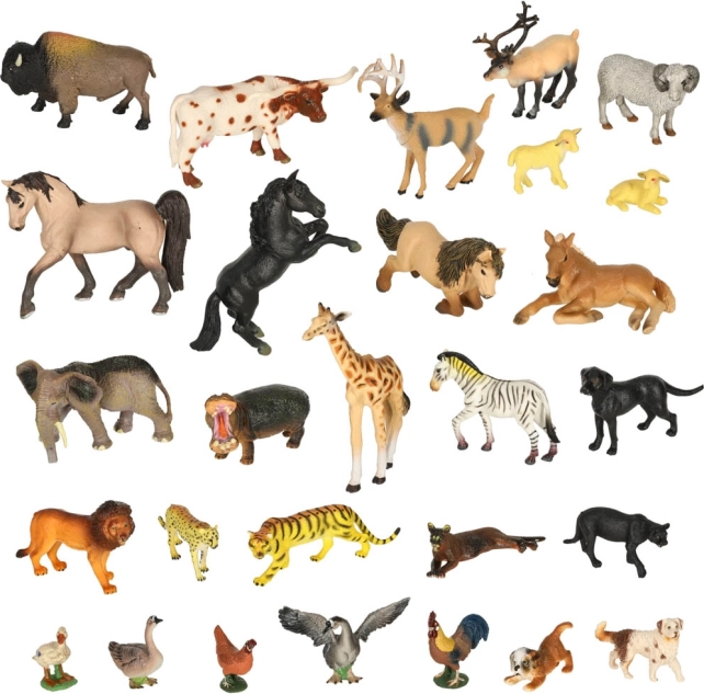 Set of Animal Figurines – Zoo, Safari and Farm, 28 pcs with Box