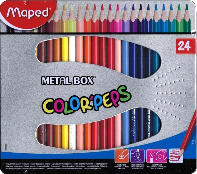 Drihoekige kleurpotloden Maped Color'Peps 24 stuks in een metalen doos