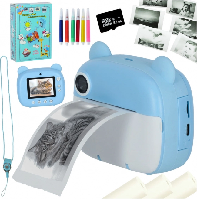 Kinder instantcamera met thermische printer – blauw beertje, 32 GB