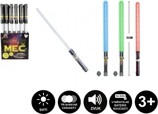Light-up sword with sound and light, 73 cm, plastic, 3× AAA, 3 colors